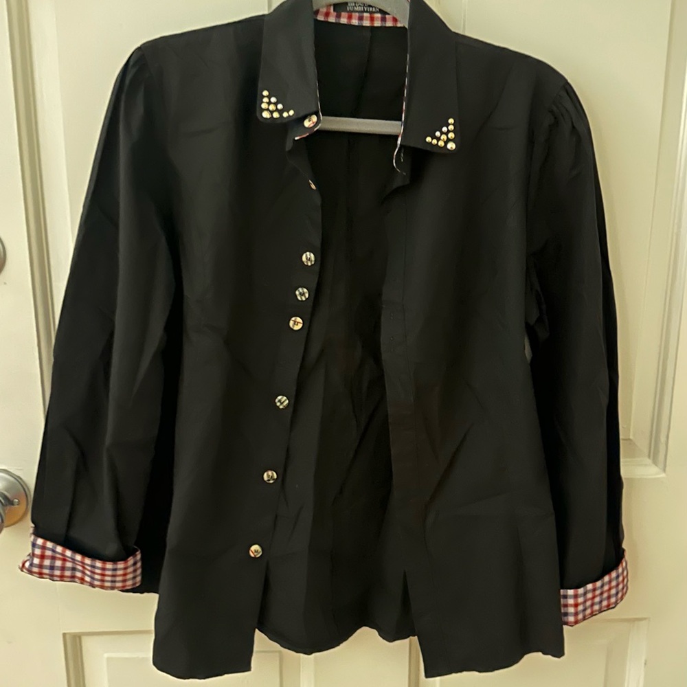 Black Button-Up Shirt with Studded Collar